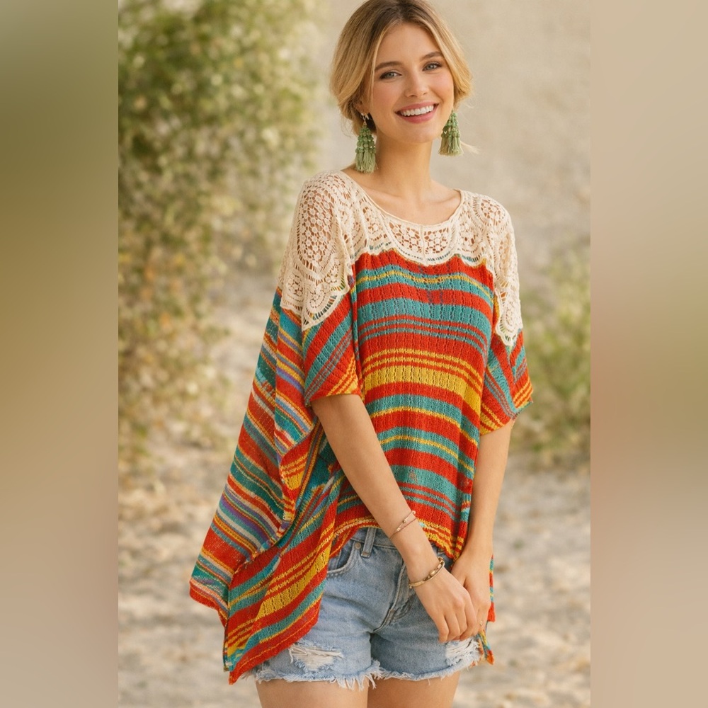 NWT | Easel | Knit Pullover | Crochet Yoke | Multi-Striped | S 🕥